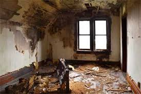 Interior of a home with fire damage.