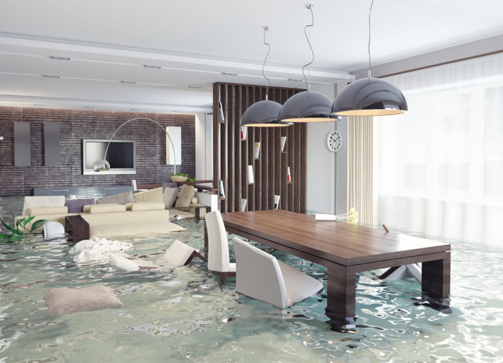 Flooded living and dining area in home. Floating furniture.